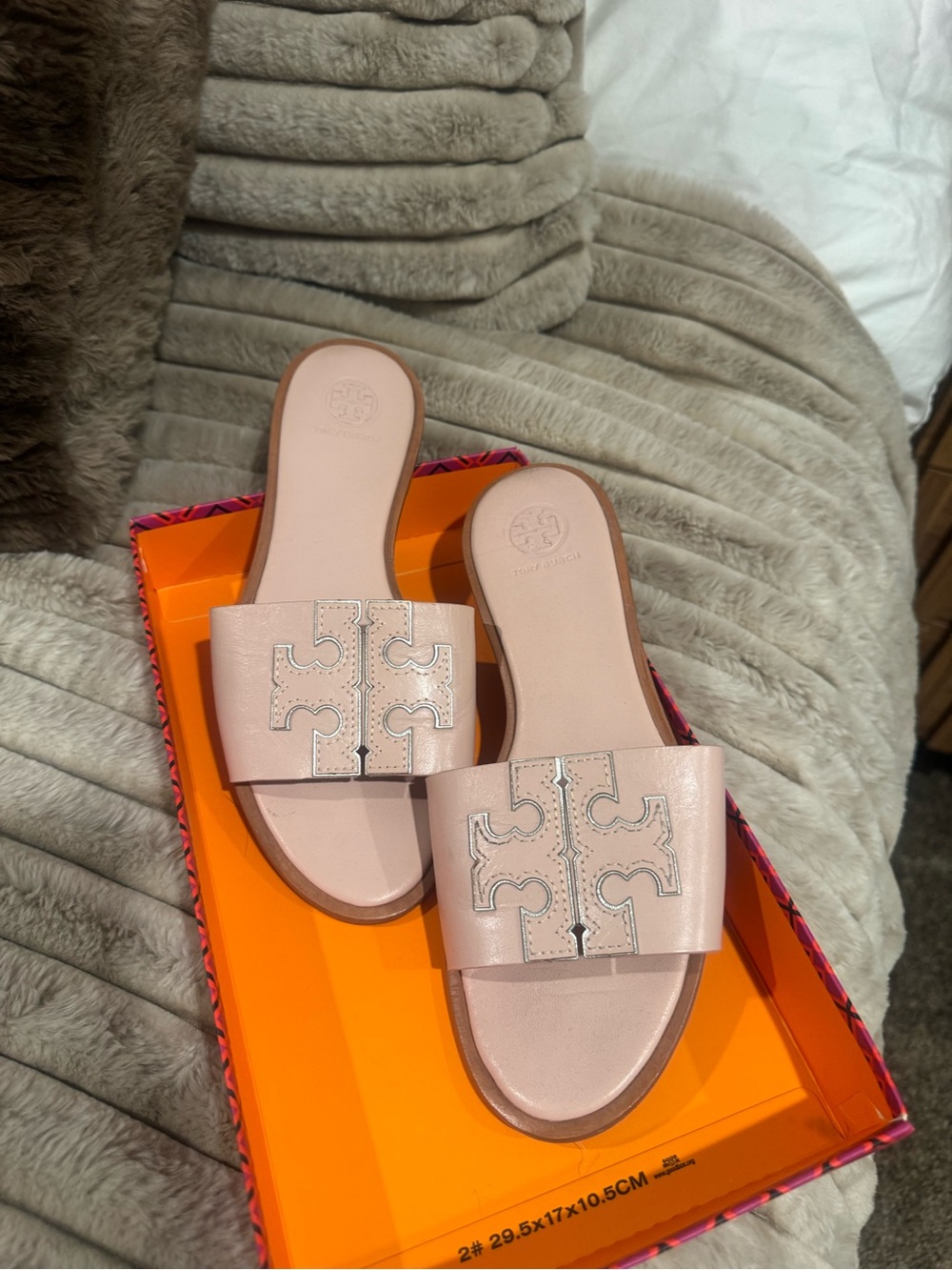 Tory Burch Blush Pink Leather Logo Slide Sandals